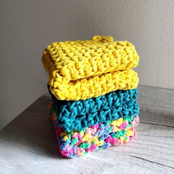3 Crochet DISHCLOTH WASHCLOTH 100% Cotton Handmade Rainbow Teal Mustard - Picture 6 of 15